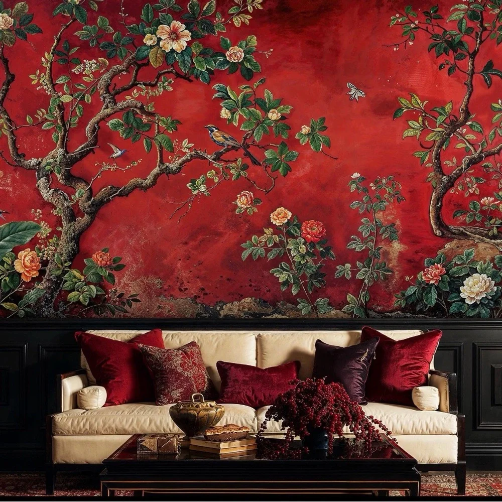 Elegant Red Floral Wall Mural
